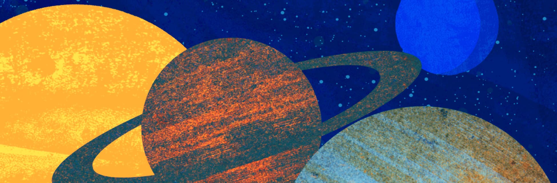 Ilustración. Sobre un fondo azul varios planetas: la Tierra, urano, Saturno el Sol y Júpiter.