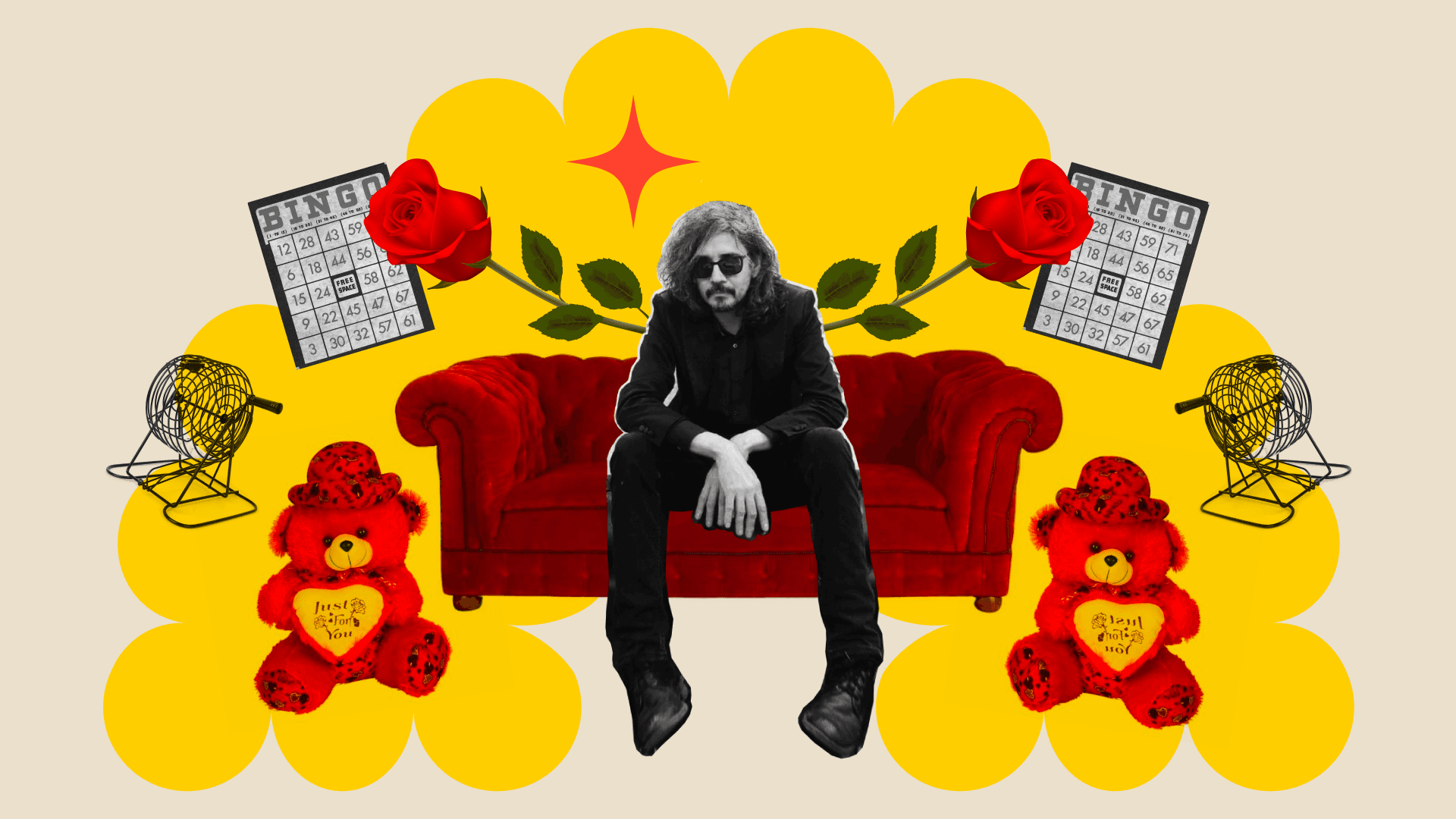 Ilustración. Sobre un fondo crema y amarillo, en el centro de la imagen se encuentra sentado un hombre en un sofá rojo. Alrededor del hombre hay imágenes recortadas al estilo de un collage: osos de peluche rojos sosteniendo un corazón, dos tablas de bingo, dos contenedores de balotas de bingo y dos rosas rojas.