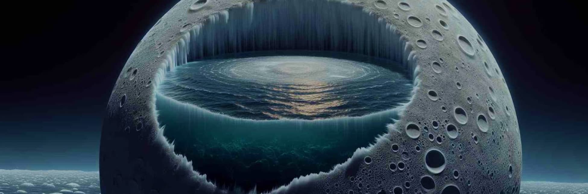 Ilustración. Una luna con un agujero en el centro, en el interior un cuerpo de agua, en la parte superior del agujero se ven formaciones de hielo puntiagudas emergiendo.