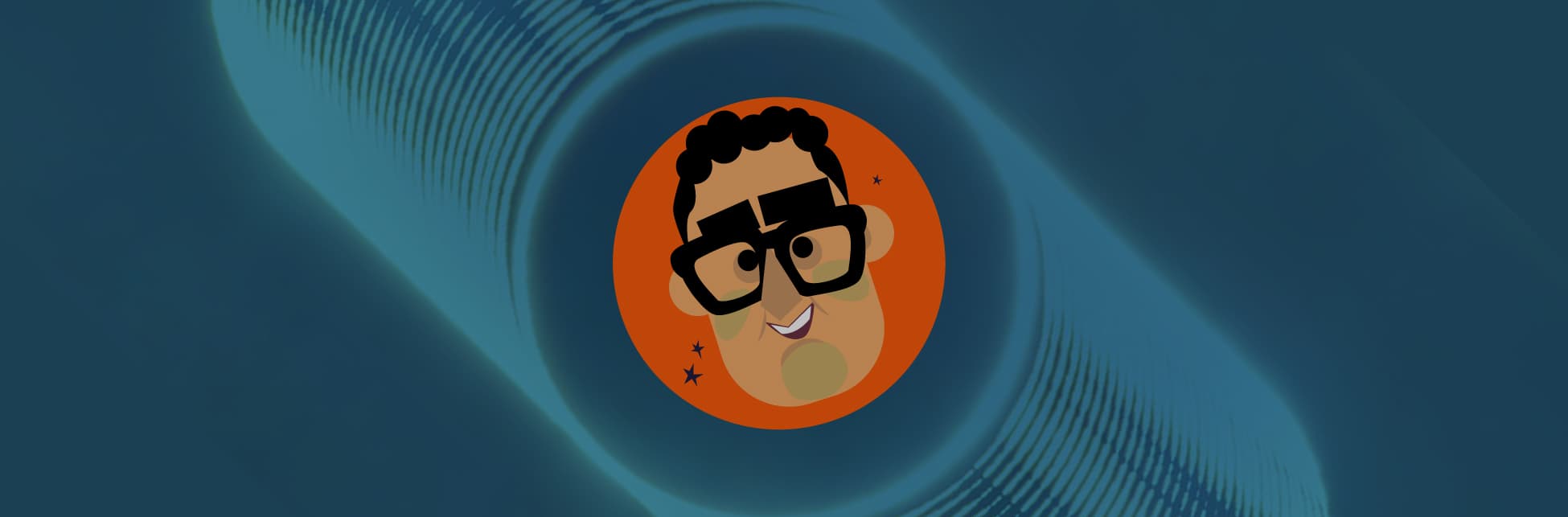 foto con ilustración. En el fondo una composición con varías imágenes de un elcipse solar. Al frente el dibujo en caricatura de un hombre con pelo crespo y gafas que sonrié.