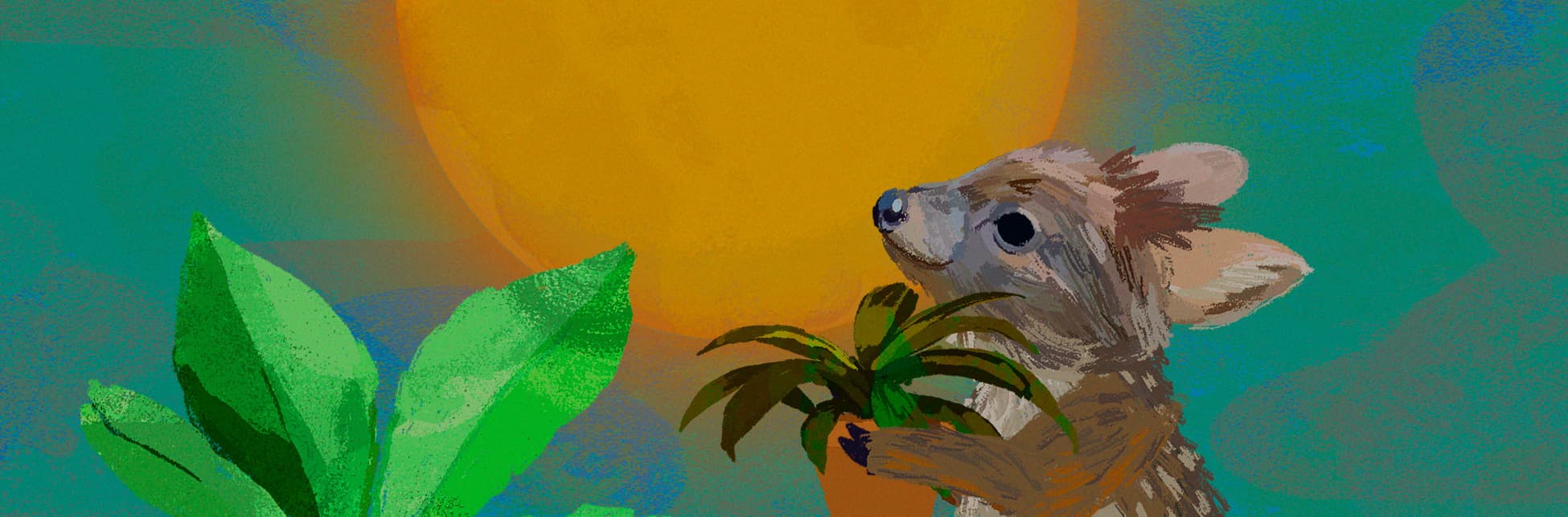 Ilustración. En la parte derecha de la imagen de perfil un venadito bebé sostiene con sus patas delanteras una maceta con una planta de hojas largas. Detrás de él el Sol, un círculo de color amarillo intenso.