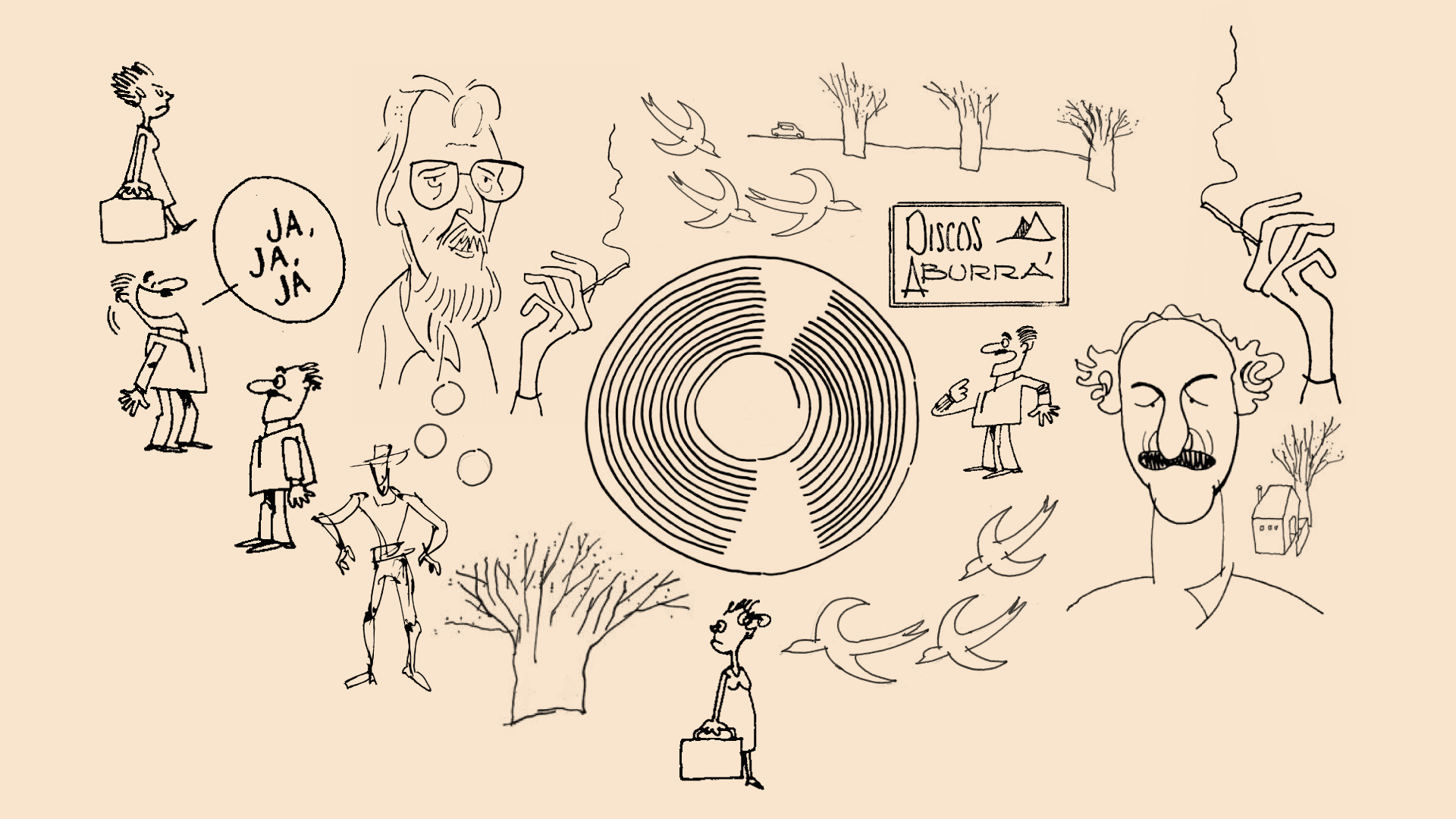 Ilustración. En el centro, el dibujo a blanco y negro de un disco de acetato. Al rededor del disco, caricaturas de hombres, mujeres, manos, palomas y un autorretrato del caricaturista Elkin Obregón.