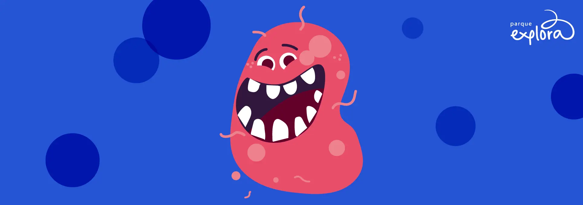 Ilustración. Sobre un fondo azul aparece un personaje con forma de célula, de expresión risueña, boca abierta, dientes grandes y pequeños filamentos alrededor del cuerpo.