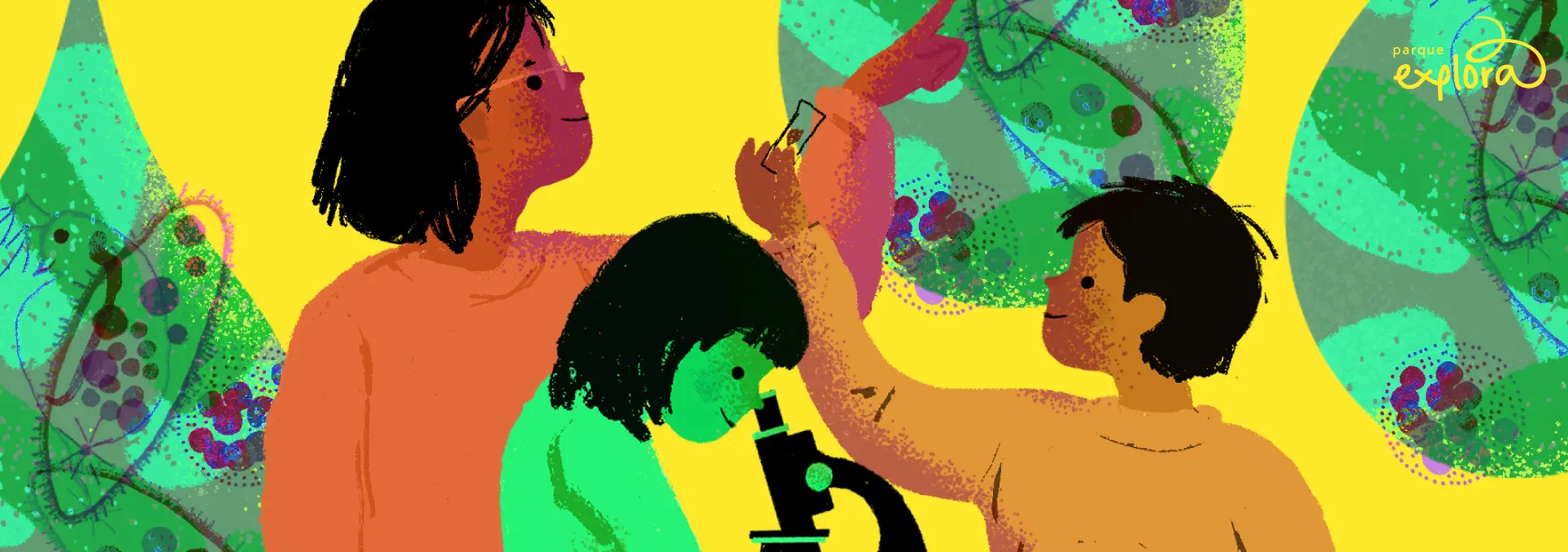 Ilustración. Sobre un fondo amarillo hay tres personas alrededor de un microscopio; una persona adulta señala una gran gota de agua en cuyo interior se ven formas y organismos microscópicos.