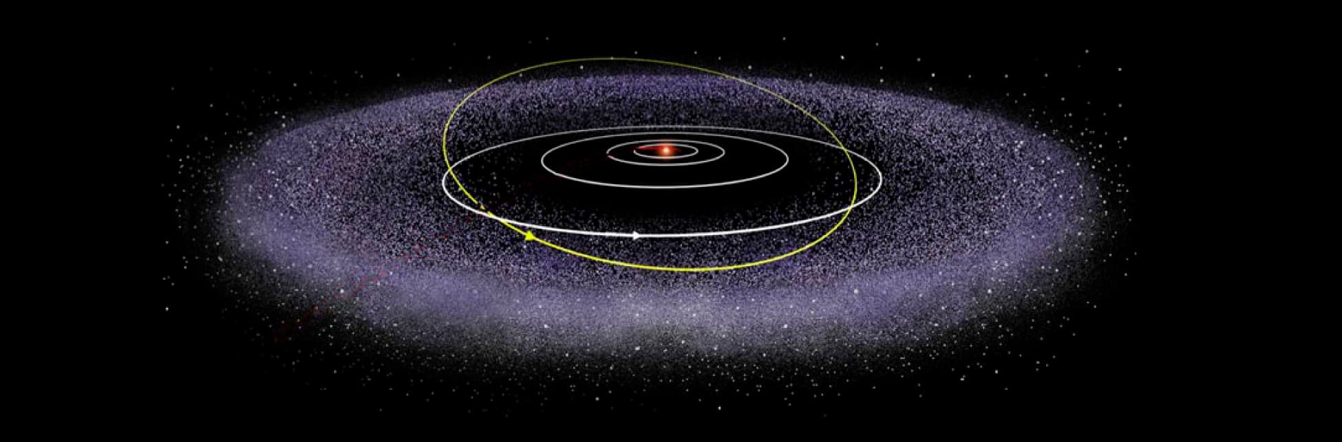 Ilustración. Sonre un fondo un esquema del sistema solar con las órbitas de los planetas dibujas y una gran nube de lo que parece ser polvo alrededor.
