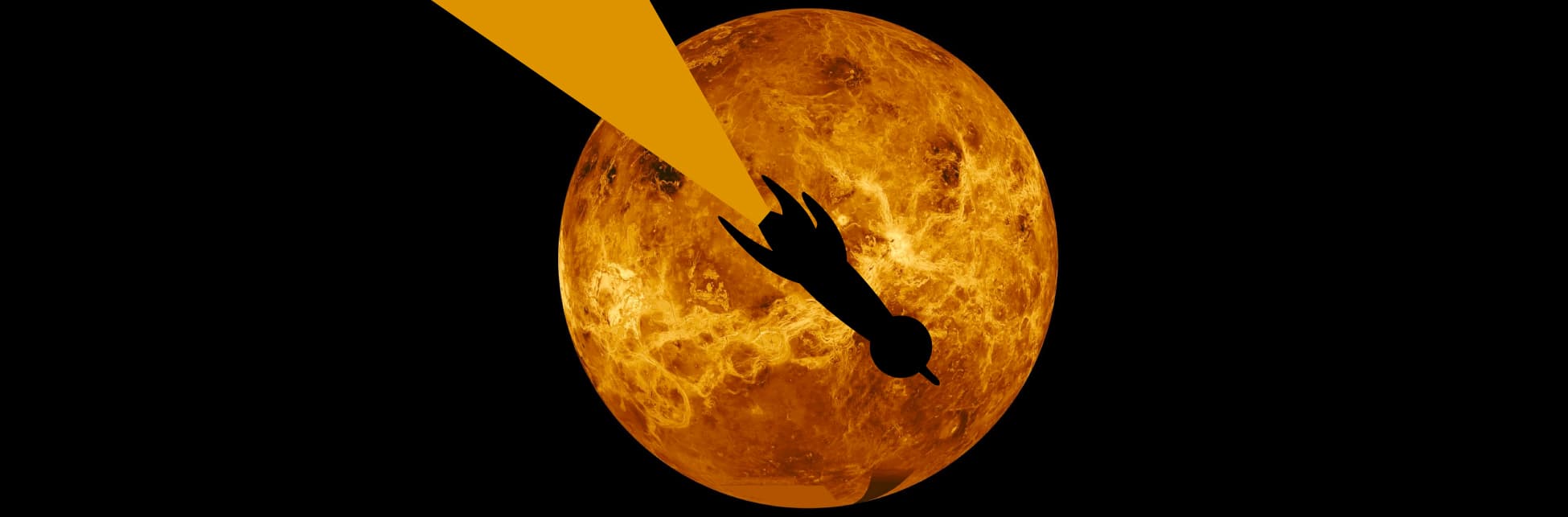 Ilustración. Sobre una esfera color naranja intenso aparece la sombra de un objeto parecido a un cohete que va dejando una estela color amarillo.
