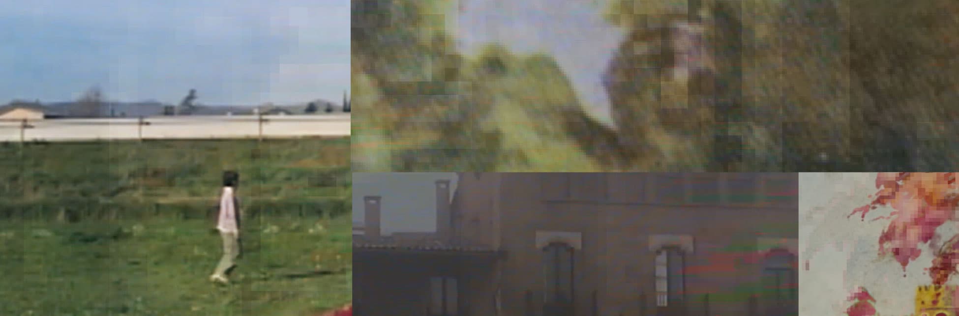 Imagen compuesta de estilo collage con apariencia pixelada. A la izquierda, se observa a una persona caminando en un campo verde bajo un cielo despejado. En el centro y la derecha, hay fragmentos de otras escenas, incluyendo lo que parece ser un paisaje con árboles difusos y partes de un edificio de estilo antiguo con ventanas. También se distingue un área con manchas de colores rosados y naranjas que podría ser un detalle abstracto o de una pintura. La imagen tiene una estética nostálgica y distorsionada, evocando la apariencia de un archivo visual o video antiguo.