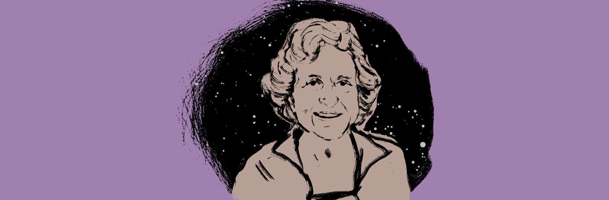 Ilustración. Sobre un fondo morado y negro, como de cielo nocturno, aparece en plano medio una fotografía ilustrada de Joan Feyman, astrofísica estadounidense.