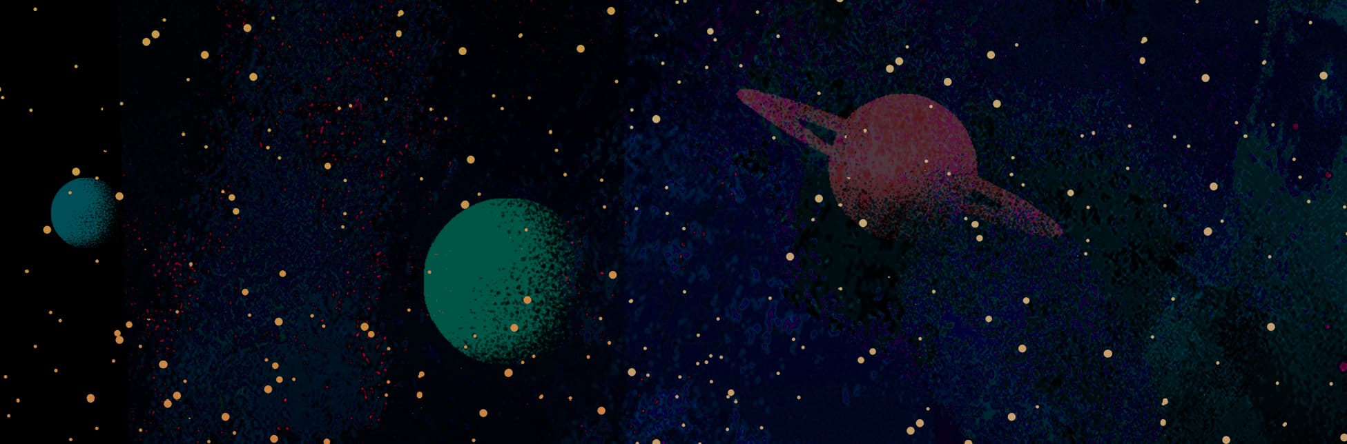 Afiche. Sobre un fondo oscuro con manchas y destellos en tonos azules, morados y verdes, aparecen figuras de planetas y anillos espaciales.