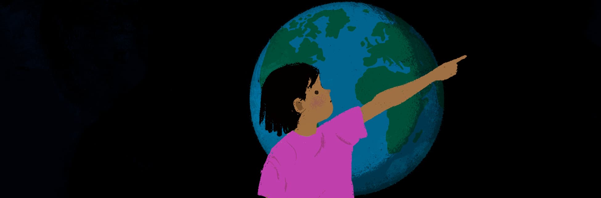 Ilustración. En primer plano, una niña con camiseta rosada señala hacia arriba con el brazo extendido. Al fondo se muestra una representación ilustrada del planeta Tierra, con América visible sobre un fondo espacial negro.