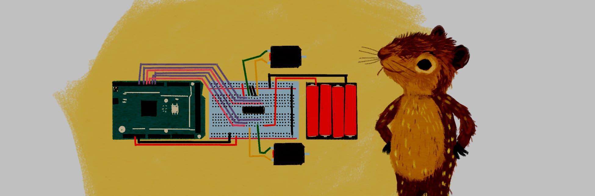 Ilustración. A la derecha, de perfil y en plano medio, una paca se para sobre sus patas traseras mientras pone las delanteras en jarras y mira hacia un circuito electrónico en el centro de la imagen.
