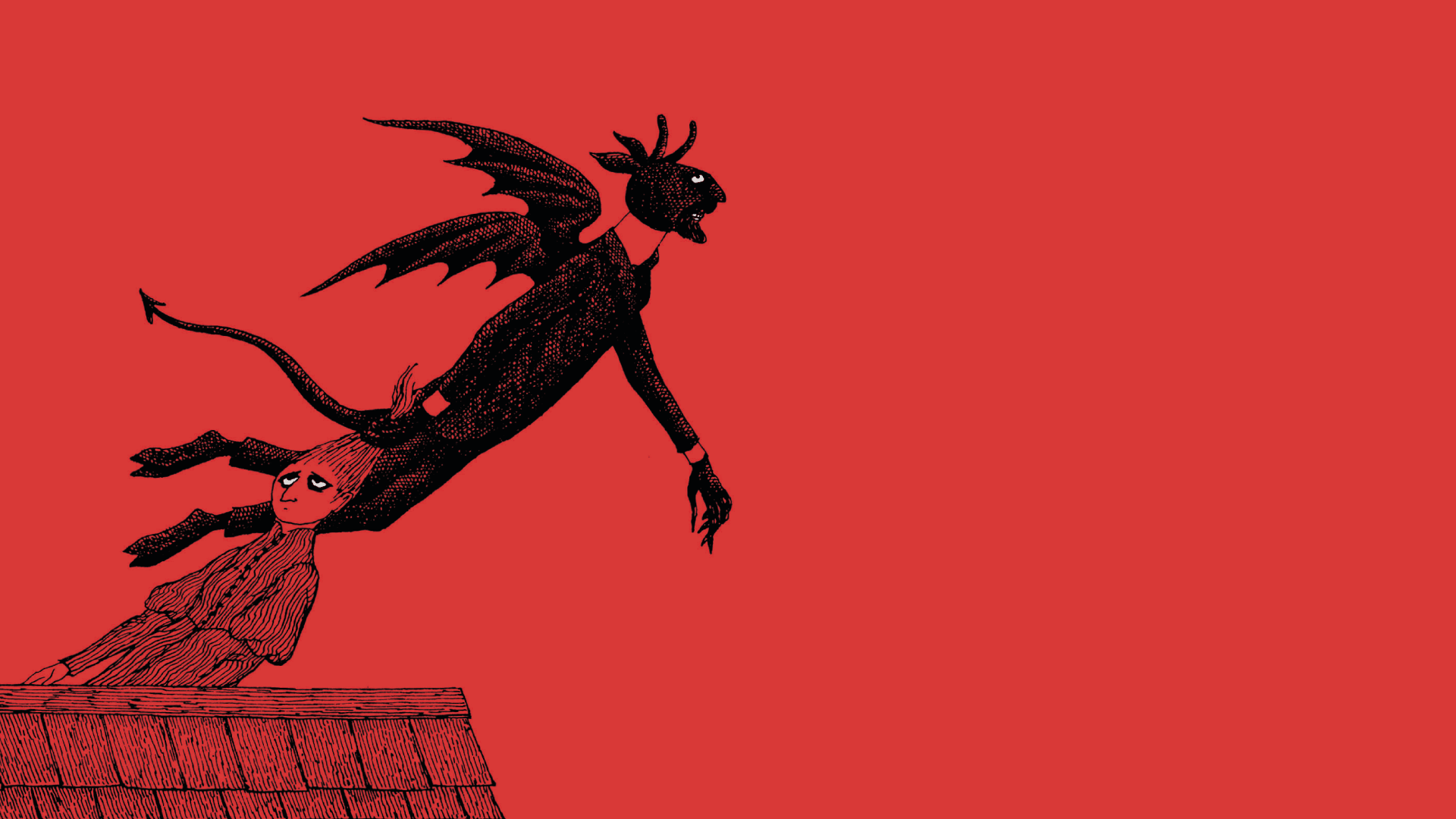Ilustración de Edward Gorey. Sobre un fondo rojo, se muestra una figura demoníaca con cabeza de cabra, cuernos, alas y cola puntiaguda. Este ser levanta a una figura humana por la cabeza, la cual parece estar saliendo por el borde de un tejado, con una expresión de resignación. El demonio sostiene a la persona de una manera dominante, mientras vuela con sus alas extendidas, listo para llevarla. La imagen tiene un estilo monocromático, utilizando únicamente negro y rojo.
