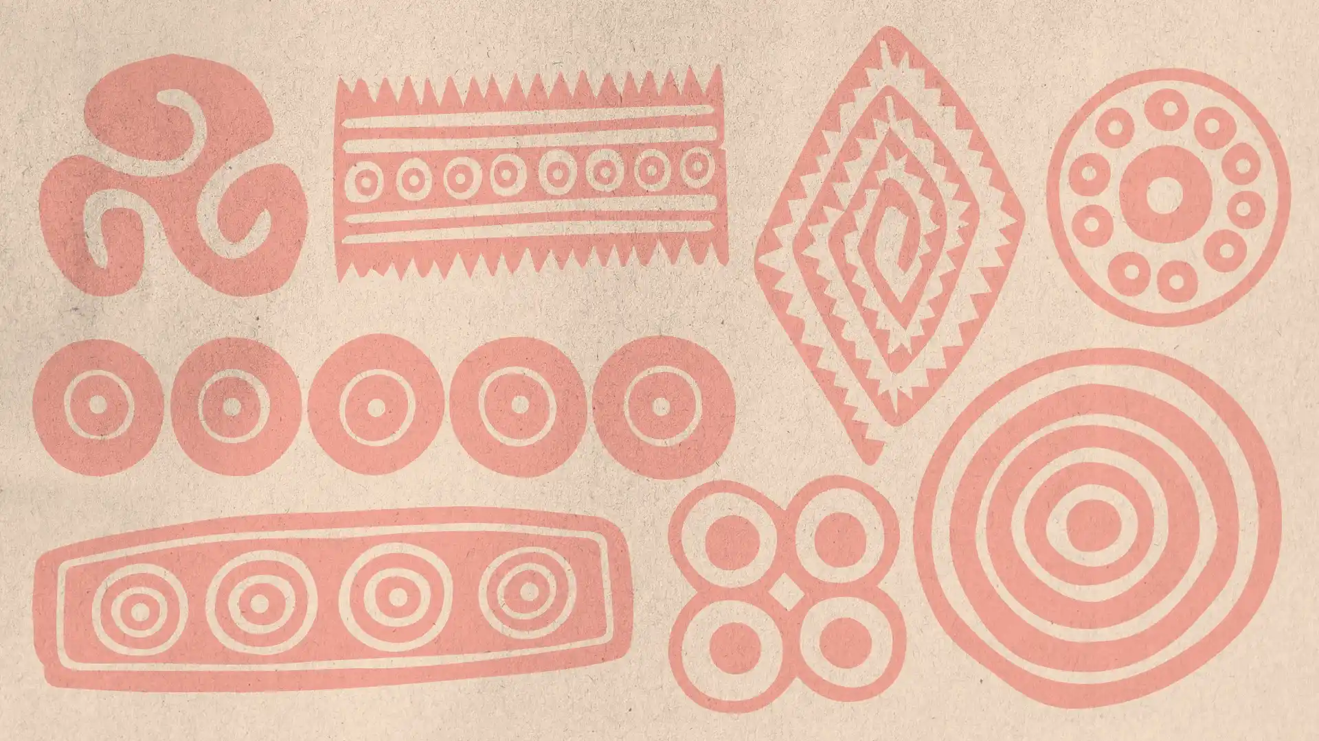 Ilustración horizontal sobre fondo de textura similar al papel, compuesta por figuras geométricas inspiradas en sellos: espirales, rectángulos con líneas y círculos repetidos, un rombo con líneas dentadas, círculos concéntricos, una forma de cuatro círculos unidos y una franja rectangular con cuatro círculos concéntricos. No contiene texto principal.