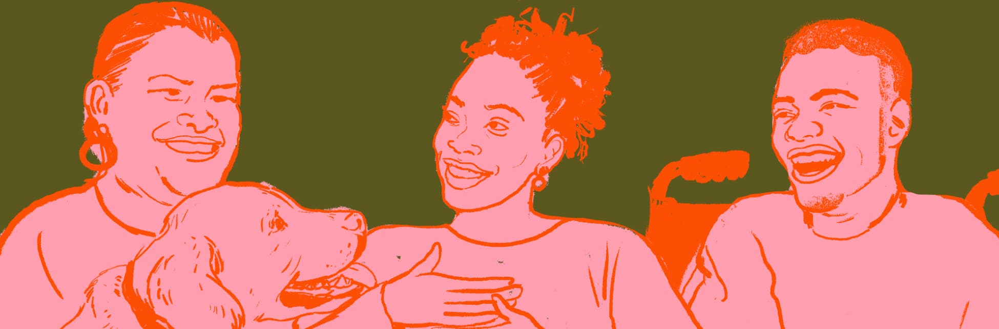 Ilustración. Tres personas, la primera tiene el cabello corto y una expresión gentil en su rostro, con la mirada dirigida hacia la derecha. La segunda persona tiene el cabello rizado, recogido en una cola, y sonríe mientras mira a la primera. En tercer lugar, una persona ríe desde una silla de ruedas donde está sentada, completando el cuadro, se encuentra un perrito.