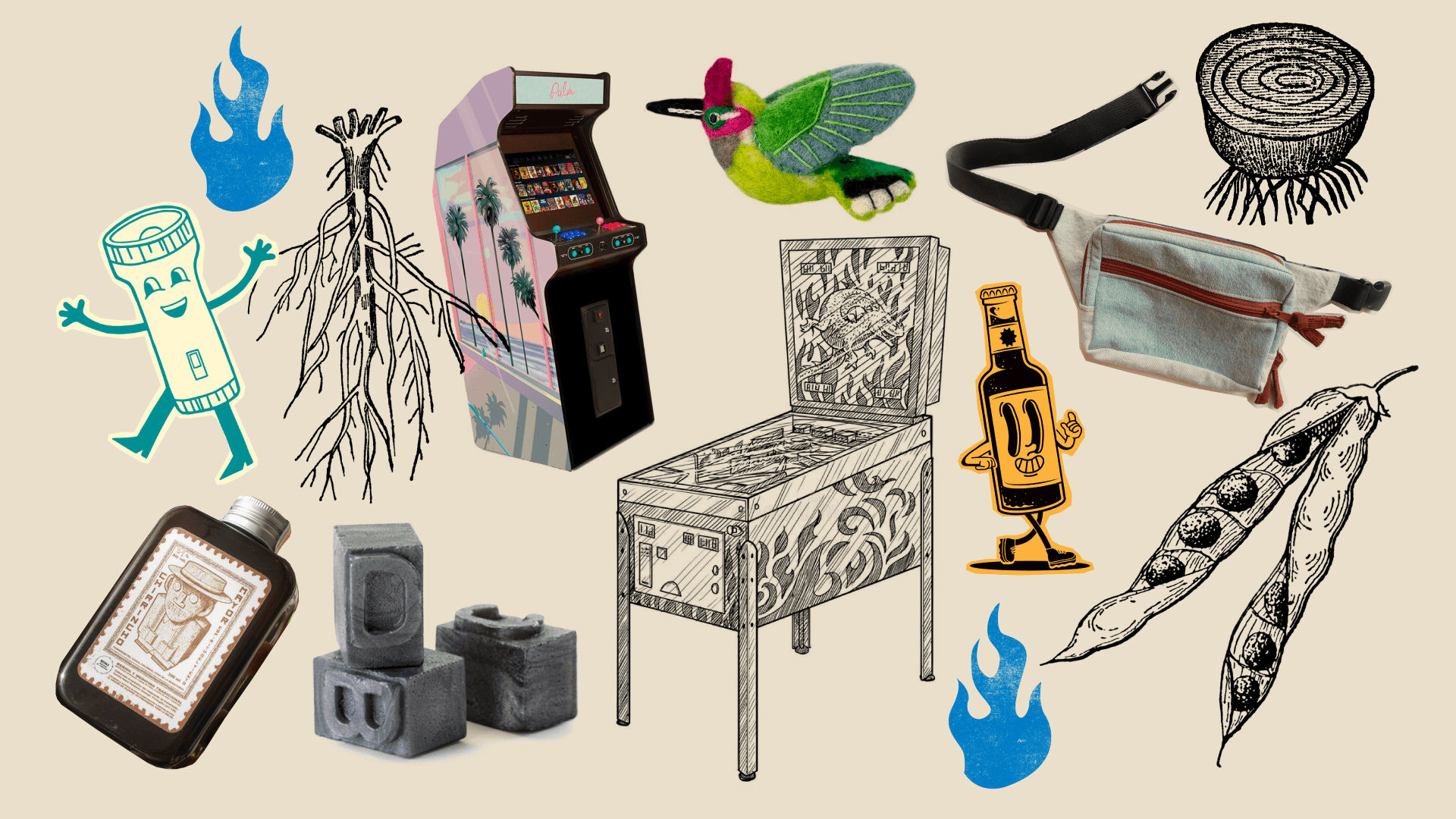 Ilustración. Collage de máquina de juegos (arcade), botellas de chirrinchi, canguros textiles, dos linternas, un colibrí hecho en fieltro y una raíz de planta sagrada del Cauca.