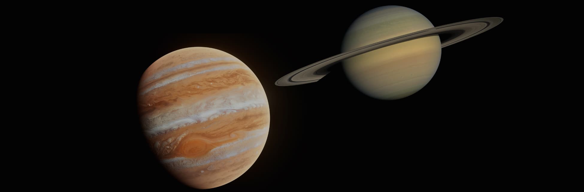 Composición. Sobre un fondo negro dos fotos de los planetas Júpiter y Saturno.