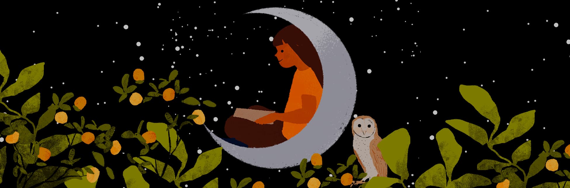 Ilustración. Sobre un fondo oscuro con puntos que simulan estrellas, aparece una luna creciente en el centro. Al lado derecho de la luna está posada un ave de cuerpo claro y alas marrones. En la parte inferior, una niña de cabello largo está sentada sobre la luna leyendo un libro, rodeada de hojas y frutos.
