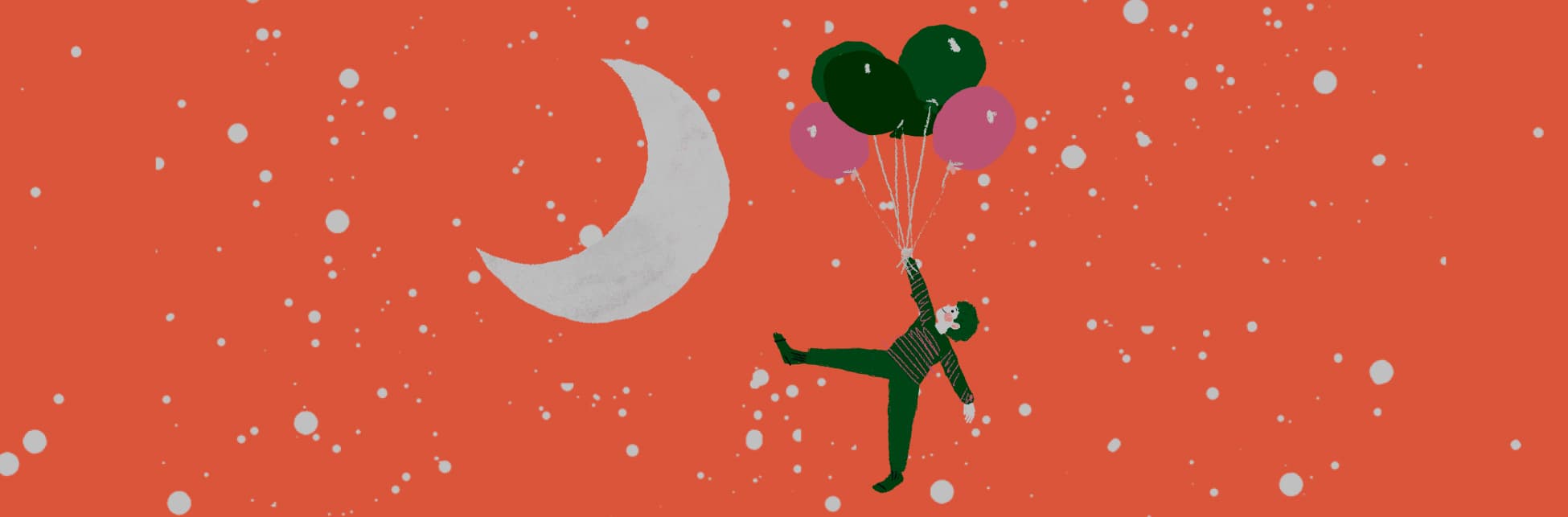 Ilustración. Sobre un fondo estrellado aparece en el centro de la imagen un niño colgado de varios globos. A su lado, la Luna.