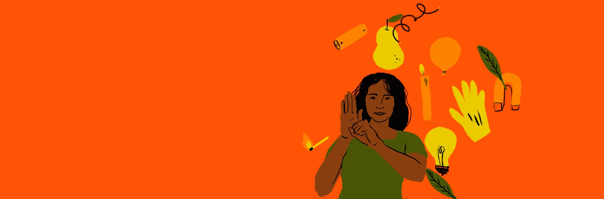 Ilustración. Sobre un fondo naranja se distribuyen elementos dibujados de ciencia y naturaleza: un imán con una hoja, una pera, una vela encendida, una bombilla, una batería, un fósforo, globos y hojas.