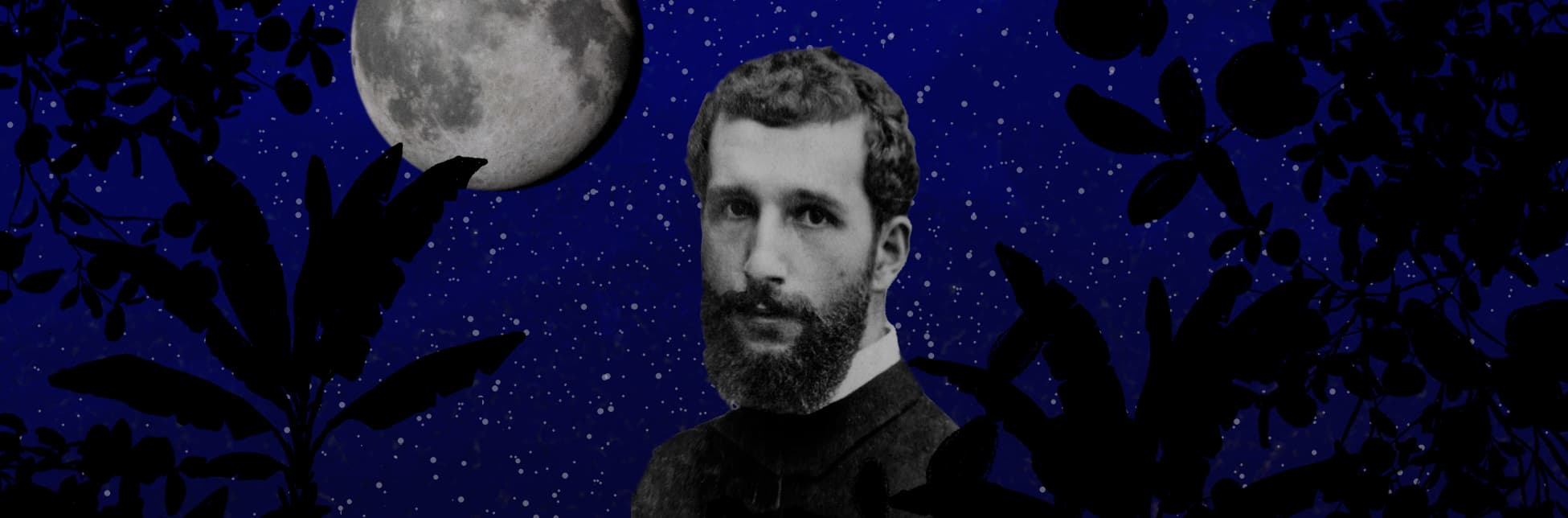 Imagen. Sobre un fondo azul oscuro con estrellas aparece el retrato de un hombre con barba y, en la parte superior central, una luna entre ramas y hojas oscuras.