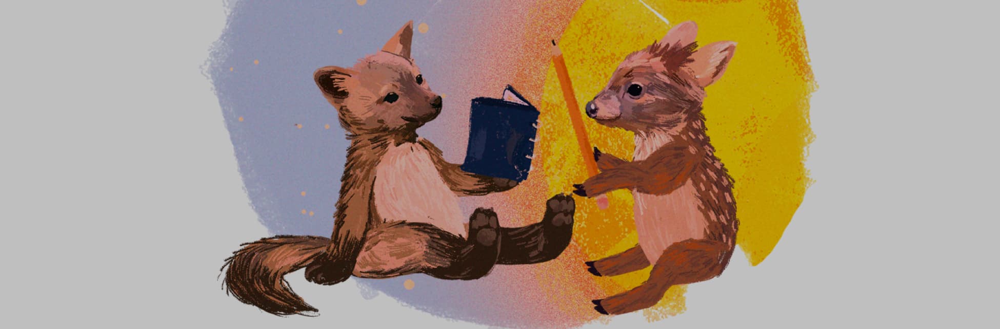 Ilustración. En el centro de la imagen un zorrito sosteniendo un cuaderno con la pata delantera y un venadito sosteniendo con ambas patas delanteras un lápiz, están sentados uno frente al otro.