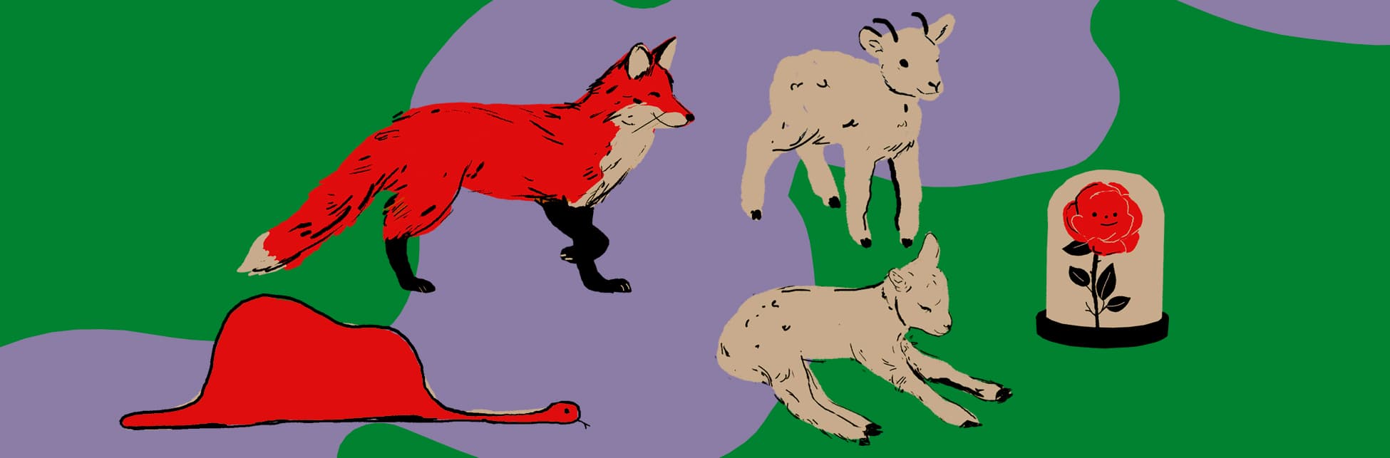 Ilustración. Aparecen distribuidos a lo largo de la imagen un zorro, un carnero, una oveja, una rosa con biombo encima y una boa que se tragó un elefante.