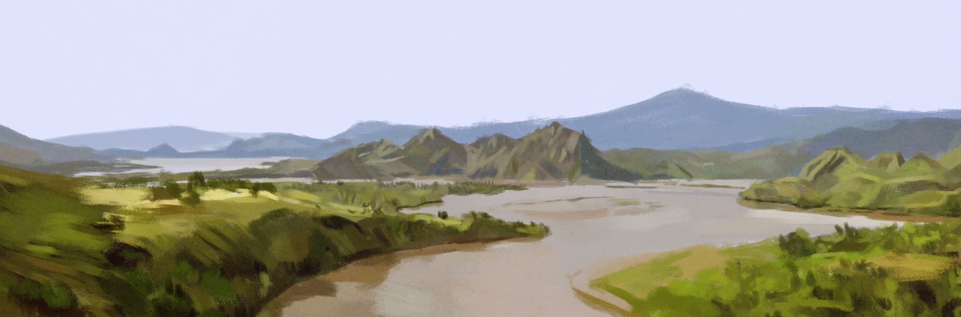 Ilustración. Paisaje amplio con un río sinuoso que atraviesa el centro de la escena. En primer plano se ven orillas cubiertas de vegetación y zonas de tierra clara. Hacia el fondo aparecen colinas y montañas de formas suaves, superpuestas en distintos planos. La vegetación se distribuye en parches irregulares y el río se abre en varios brazos. El cielo ocupa la parte superior con un tono uniforme y despejado. No hay presencia de personas, construcciones ni textos.