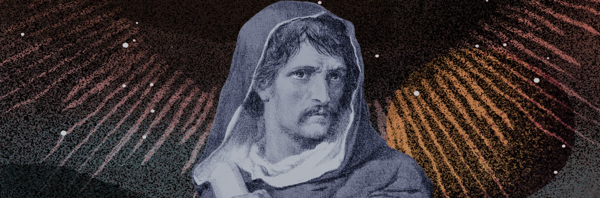 Foto intervenida. Fondo oscuro con patrones en color naranja, rosado y azul. En el centro Giordano Bruno, hombre con rostro delgado, ojos almendrados, nariz prominente y bigote.