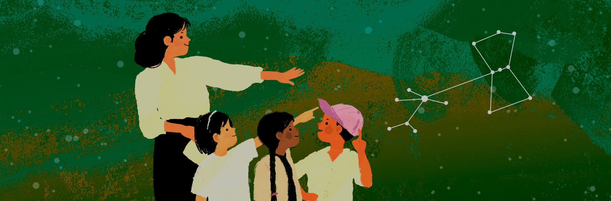 Ilustración. Sobre un fondo con diferentes tonalidades de verde una profesora señala una constelación a dos niñas y un niño.