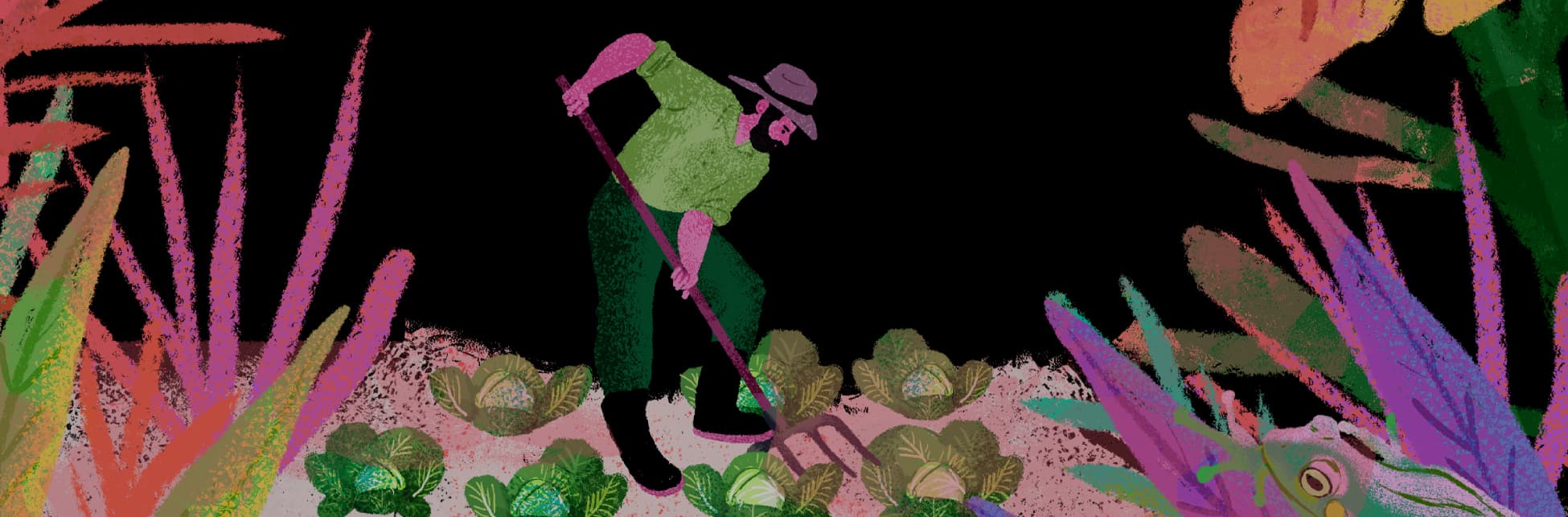 Ilustración. Sobre un fondo negro se observa a una persona en el centro de la escena, inclinada hacia adelante mientras sostiene una herramienta larga con ambas manos y remueve la tierra. Lleva sombrero, camisa de manga corta, pantalón y botas. A su alrededor, en el suelo claro, hay varias plantas de repollo distribuidas en hileras. En los bordes izquierdo y derecho aparecen grandes hojas y plantas de formas alargadas y puntiagudas que enmarcan la composición, creando la sensación de un huerto rodeado de vegetación abundante.