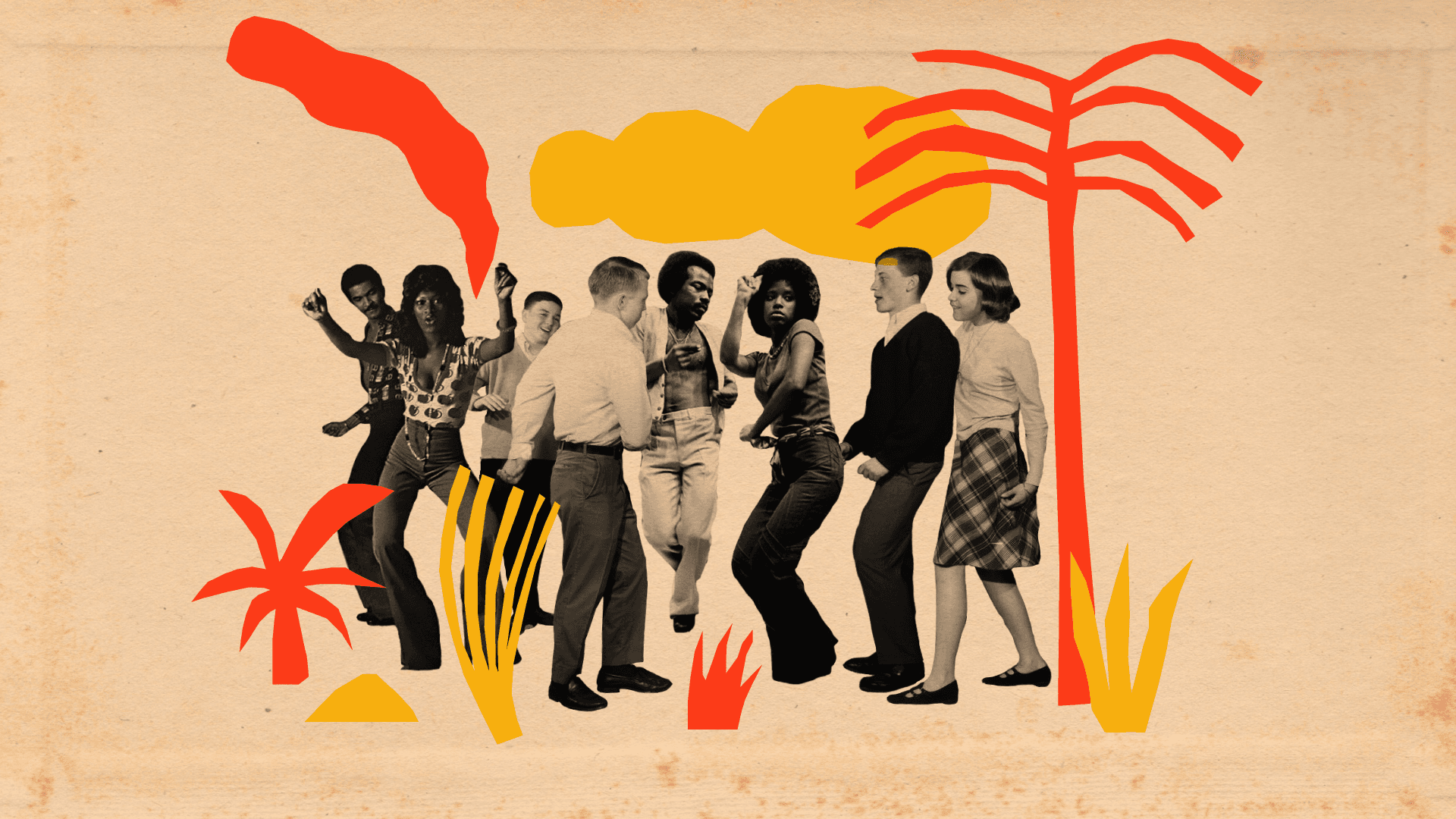 Ilustración y fotografía. En el centro de la imagen un grupo de personas está bailando. Alrededor hay dibujos de plantas, nubes y una palmera.
