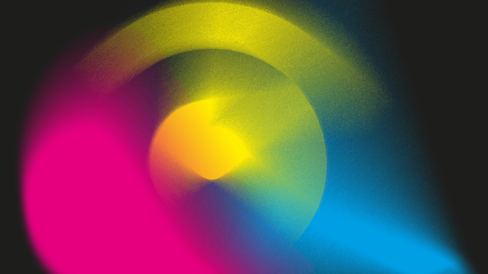 Ilustración abstracta. Sobre un fondo oscuro se superponen formas circulares y curvas con efecto de desenfoque. En el centro hay un círculo luminoso en tonos amarillos que se difumina hacia el exterior. Alrededor, un arco amplio rodea parcialmente la figura central, generando sensación de movimiento. En la parte izquierda inferior se expande una zona de color magenta intenso que se mezcla gradualmente con el amarillo. En la parte derecha inferior aparece una franja en tonos azules que se proyecta en diagonal hacia el centro. Los colores se integran mediante transiciones suaves que crean un efecto de profundidad y rotación.