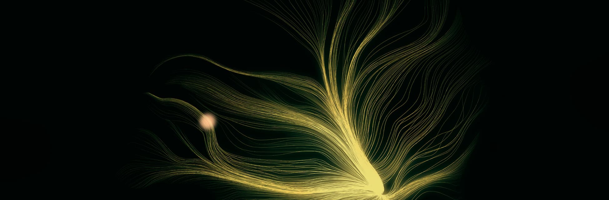 Foto. En la parte izquierda de la imagen un punto amarillo brillante del que salen, en todas las direcciones varias líneas del mismo color que se extienden por toda la imagen.