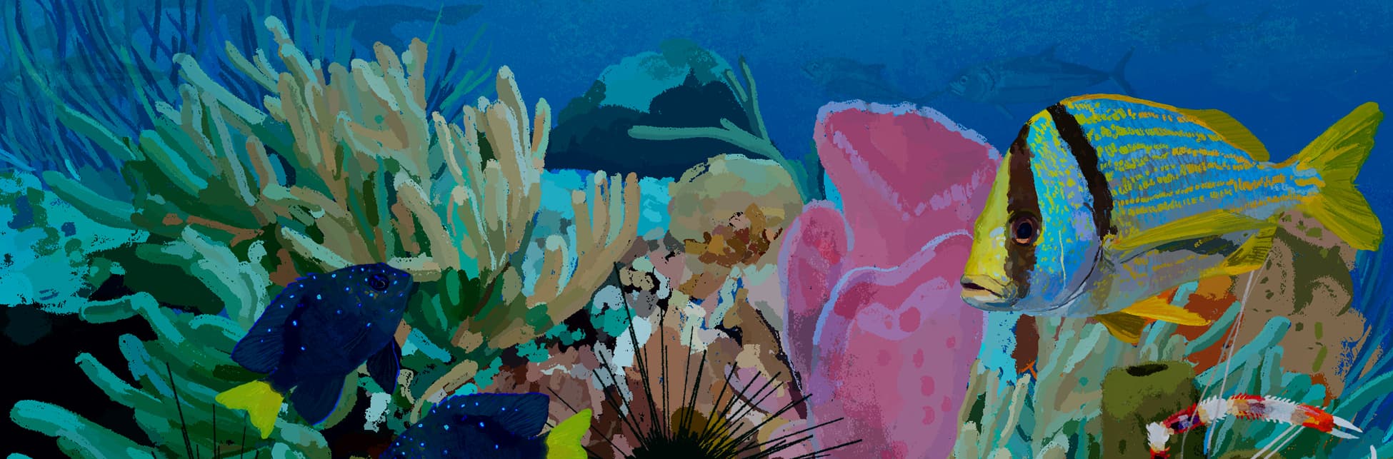Ilustración. Corales de varias formas y colores. Varios peces nadan alrededor.