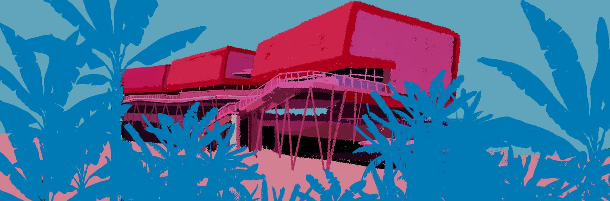 Ilustración. Sobre un fondo azul, se representa un edificio con estructuras elevadas en tonos rosados y rojos, rodeado de plantas en tonos azules.