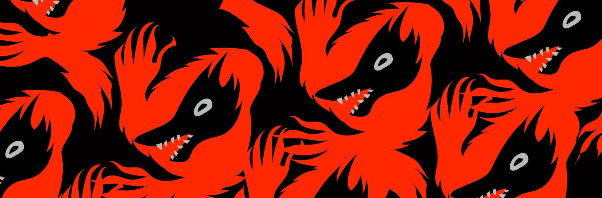 Ilustración. Sobre un fondo negro con ilustraciones en rojo de lobos con ojos y colmillos blancos, rodeados por llamas.