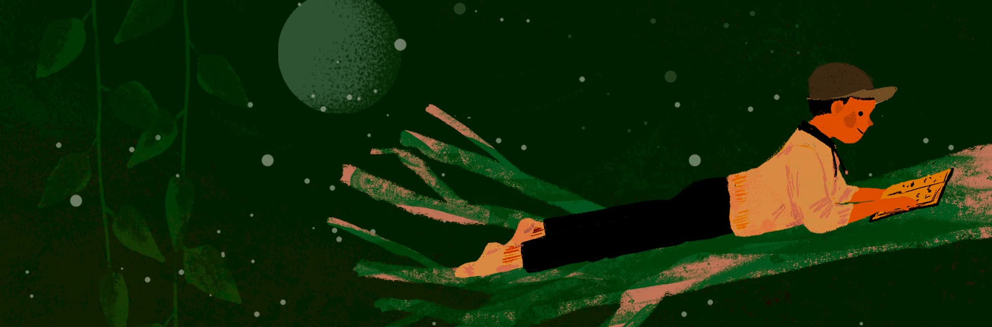 Ilustración. Una persona leyendo un libro acostada sobre un fondo verde con hojas y estrellas.