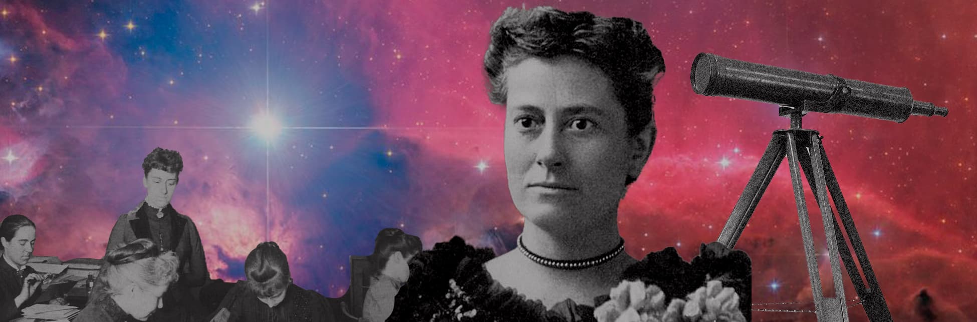 Ilustración. Sobre un fondo de nebulosa en tonos rosados y morados, hay imágenes en blanco y negro de varias mujeres astrónomas. En la parte inferior derecha, una mujer con collar oscuro y expresión seria sostiene un ramo de flores. Detrás de ella, dos mujeres analizan placas fotográficas.