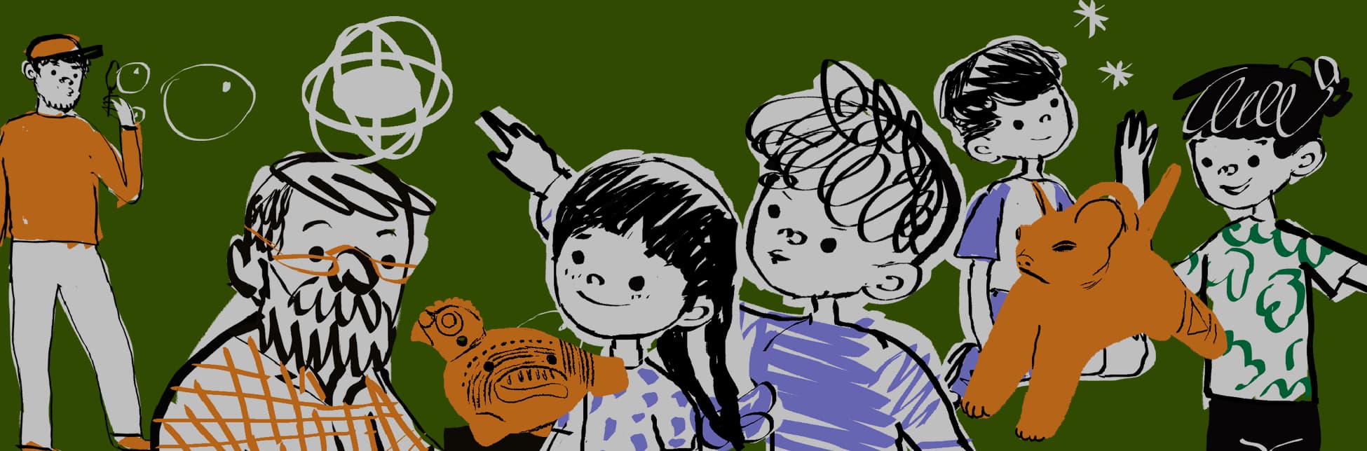 Ilustración sobre fondo verde con varios personajes dibujados en trazos negros, blancos, naranjas y violetas. A la izquierda hay una niña saludando; al centro, un niño sentado junto a una figura animal naranja; abajo aparecen otros niños y un hombre con barba y gafas; a la derecha, un hombre sostiene una lupa. También hay trazos circulares, burbujas, estrellas y una figura arqueológica.