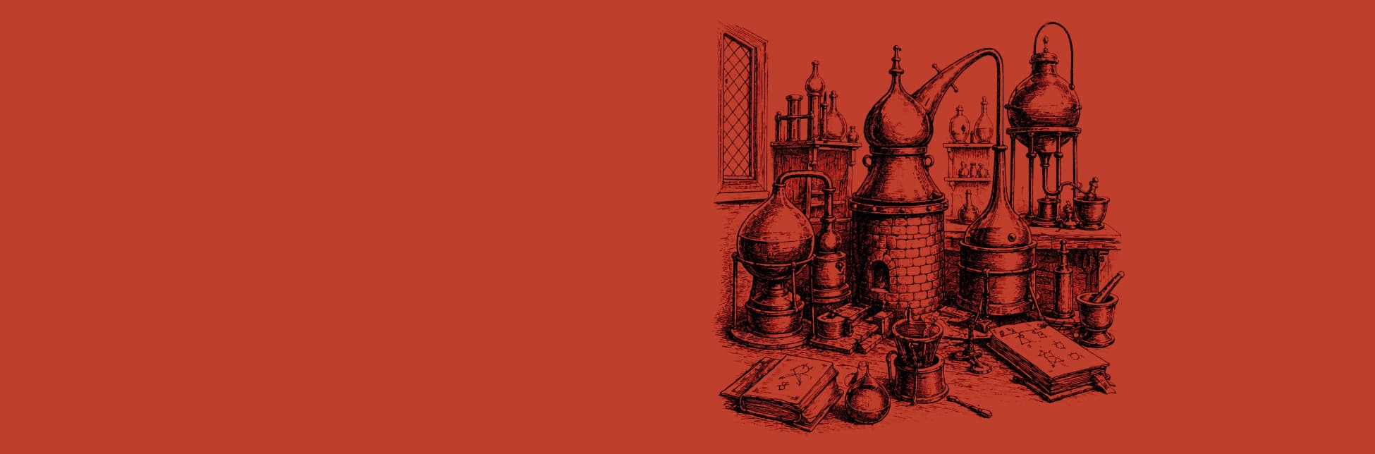 Ilustración. Sobre un fondo naranja, un dibujo de instrumentos antiguos de laboratorio como alambiques, frascos, tubos y libros.