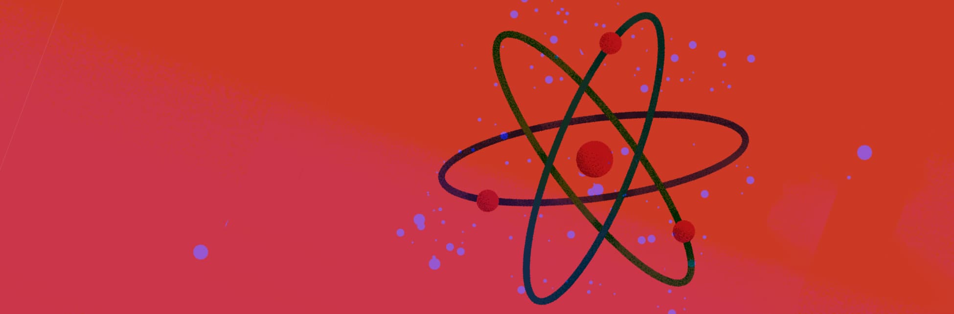 Ilustración. Sobre un fondo rojo, a la derecha, se ve una molécula hecha con tres aros superpuestos, color azul oscuros, con dos esferas rojas incrustadas y una en el centro. La imagen tiene salpicaduras color azul.