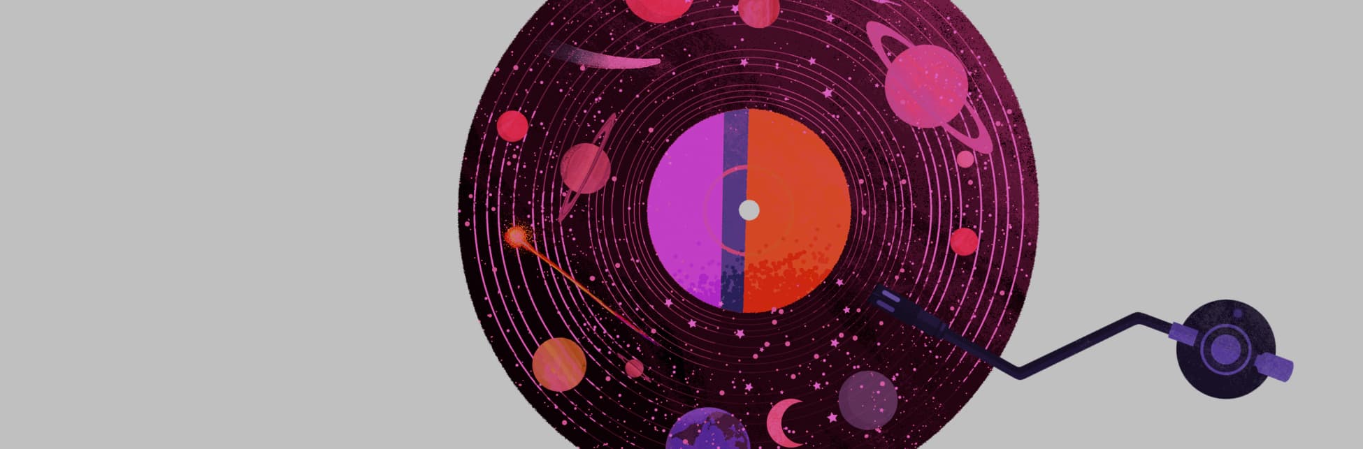 Ilustración. Un disco de vinilo sobre el cual hay dibujados planetas, estrellas, lunas, cometas.