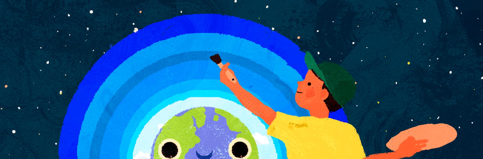 Ilustración. En la parte inferior de la imagen la Tierra personificada con ojos y boca, de ella se desprenden círculos concéntricos de diferentes tonos de azul, un niño sostiene una brocha sobre esta.
