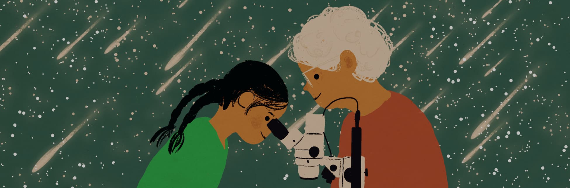 Ilustración. Sobre un fondo con manchas y trazos que evocan meteoros, una persona adulta acompaña a una niña que observa a través de un microscopio.