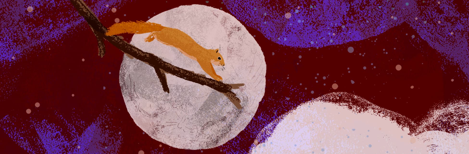 Ilustración. Ardilla sobre una rama con la luna en la parte trasera