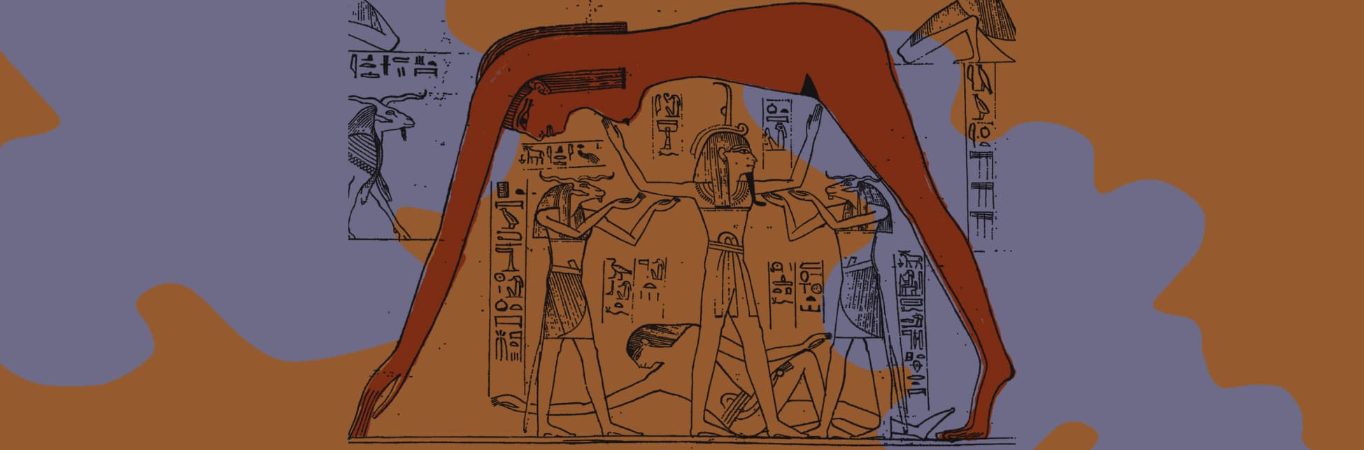 Ilustración horizontal compuesta por algunos dibujos de estilo egipcio, con jeroglíficos y elementos similares.