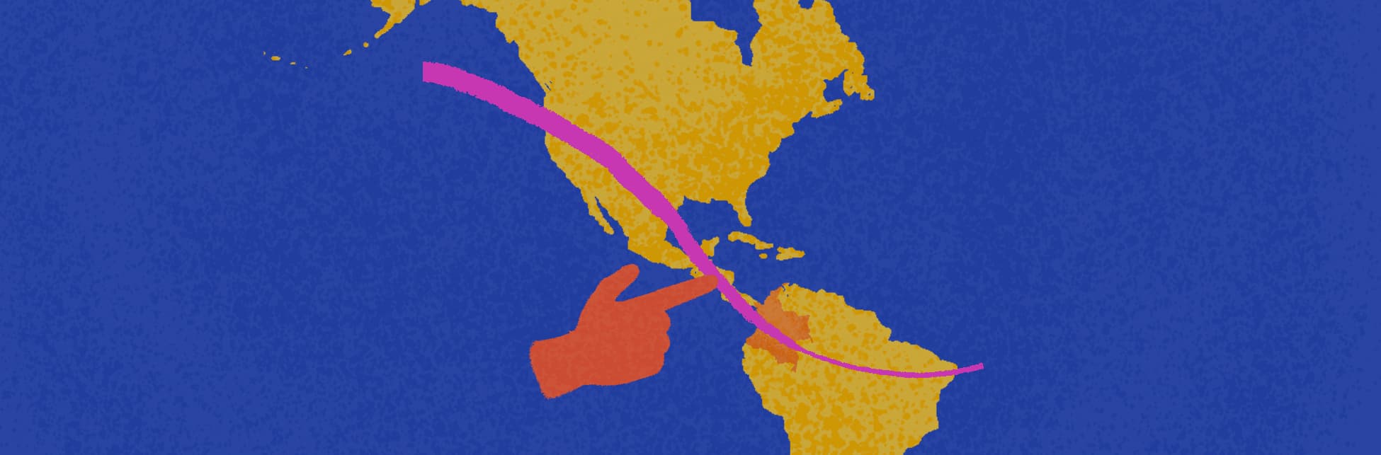 Ilustración. Sobre un fondo azul aparece un mapa de América y resaltado Colombia. Una línea atraviesa de forma diagonal el mapa.