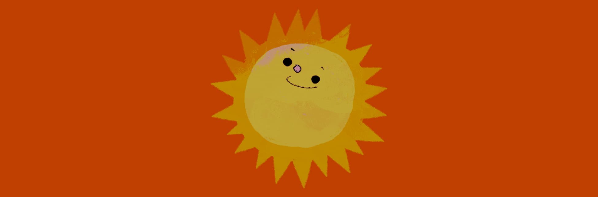Ilustración. En la parte inferior izquierda de la imagen un sol con ojos, boca sonriente y una nariz redonda y rosada.