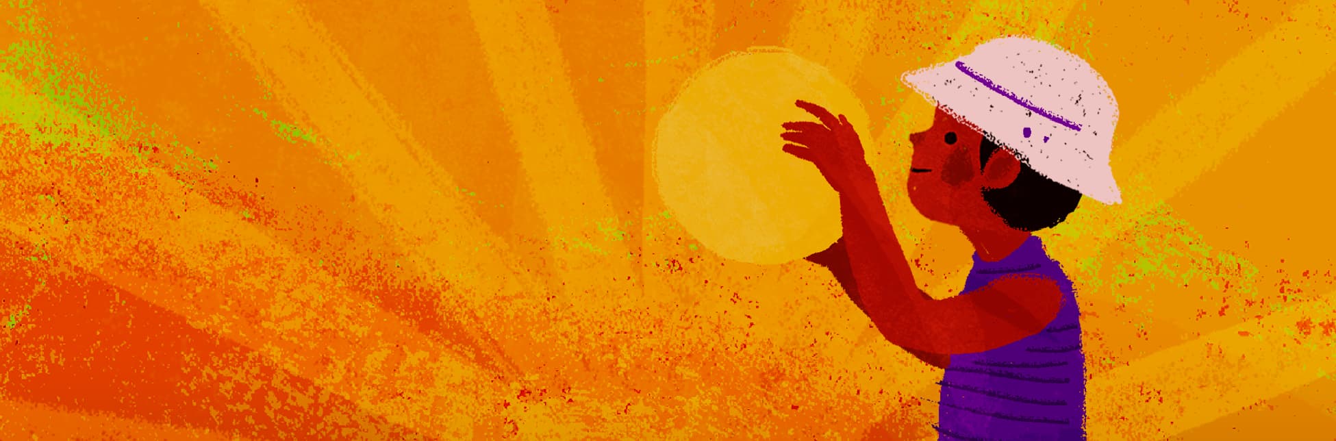 Ilustración. El fondo es una superficie en tonos amarillos y naranjas con texturas irregulares y haces de luz que irradian desde el centro, creando un ambiente cálido y luminoso. Sobre este fondo, en la parte inferior izquierda aparece la figura de una persona con casco blanco y camiseta morada que sostiene un gran disco amarillo, semejante a un astro brillante.