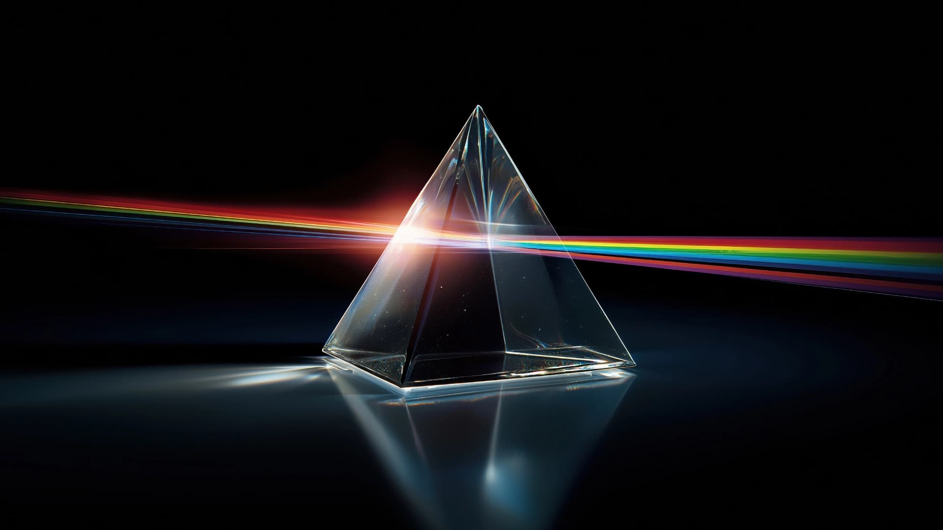 Fotografía. Sobre un fondo oscuro se ubica en el centro un prisma de vidrio transparente con forma triangular apoyado sobre una superficie reflectante. Desde la izquierda entra un haz de luz blanca que atraviesa el prisma y se descompone en una banda de colores que sale hacia la derecha. En el punto de entrada se observa un destello brillante. La superficie refleja tanto el prisma como la luz, generando líneas luminosas que se extienden hacia abajo. No hay textos visibles en la imagen.
